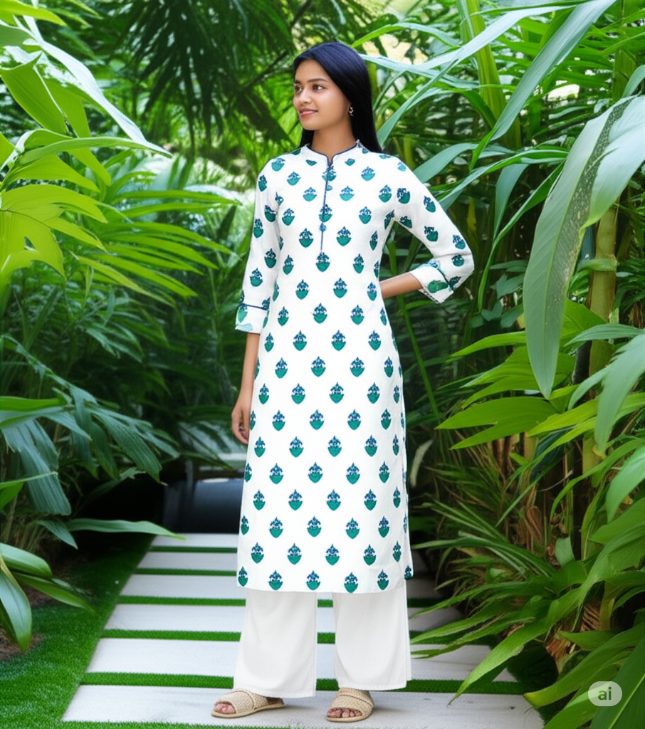 🖤Mahi Teal Floral Block Print Unstitched Khadi Dress Material - Kurta & Salwar Fabric Set