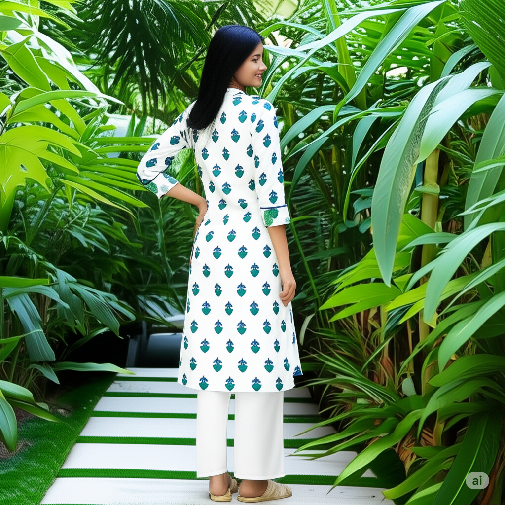 🖤Mahi Teal Floral Block Print Unstitched Khadi Dress Material - Kurta & Salwar Fabric Set