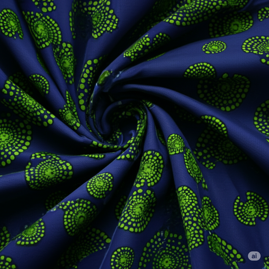 Navy Blue Fabric with Olive Green Circular Motifs