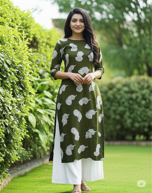 Elegant Peacock Feather Print Kurta with White Shalwar Set