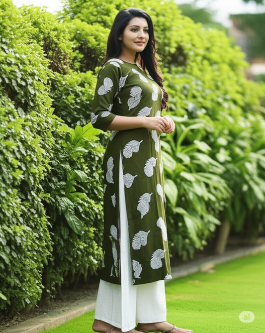 Elegant Peacock Feather Print Kurta with White Shalwar Set
