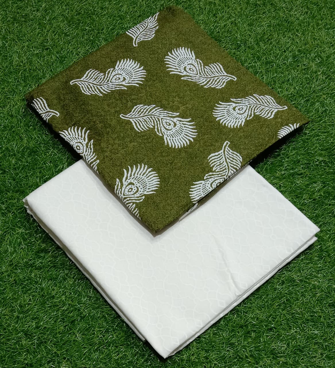 Elegant Peacock Feather Print Kurta with White Shalwar Set
